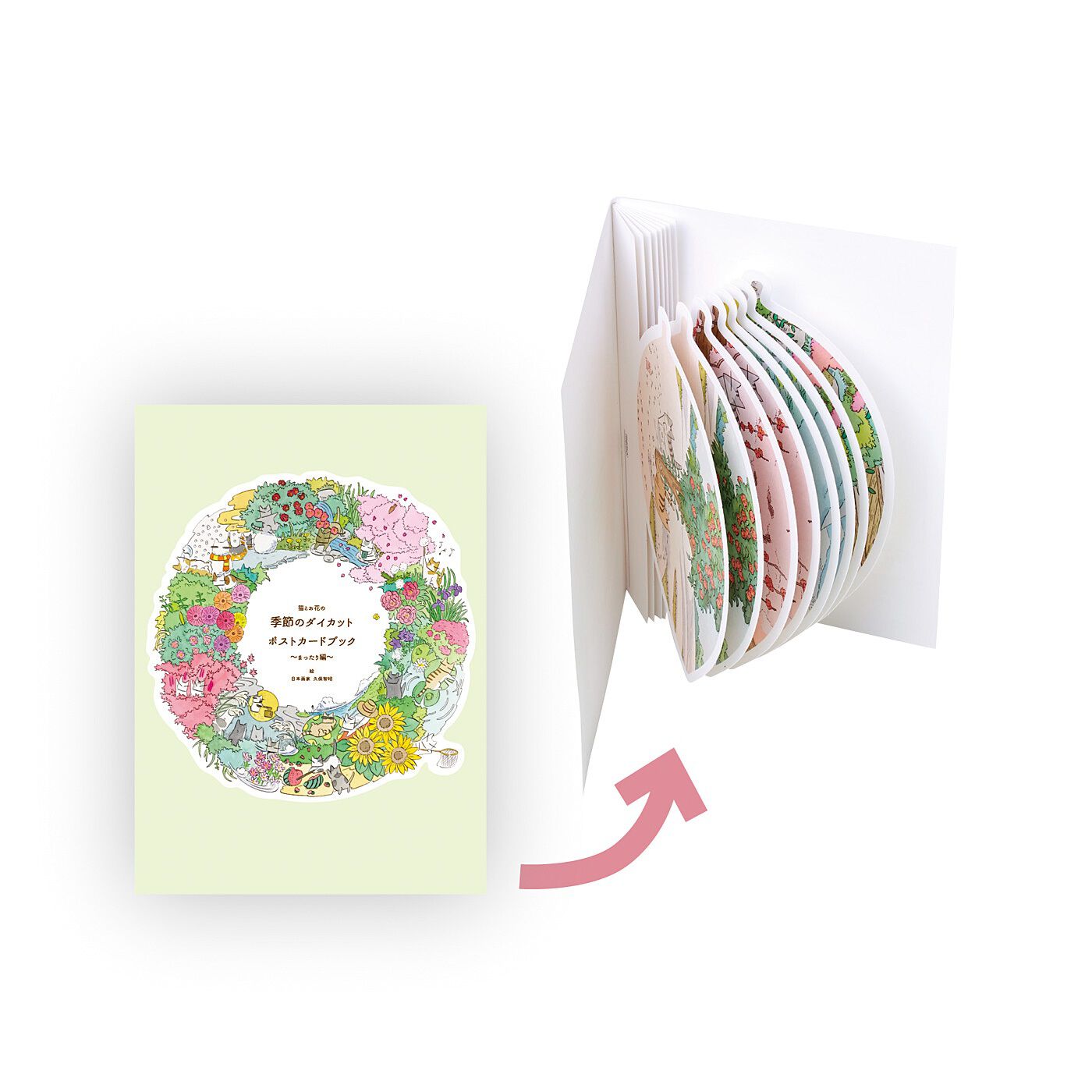 猫部|日本画家 久保智昭さんとつくった　猫とお花の季節のダイカットポストカードブックの会|どれを使うか本のようにめくりながら選べます。