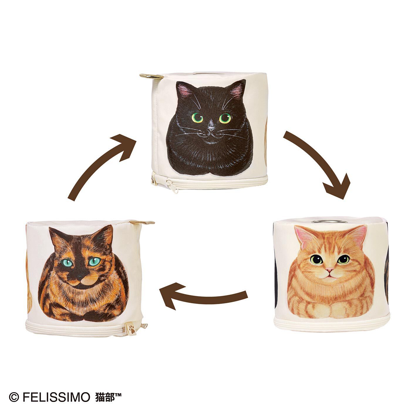猫部|香箱座り猫さんのロールペーパーホルダーの会|1つのロールに3匹の猫さんがプリントされています。