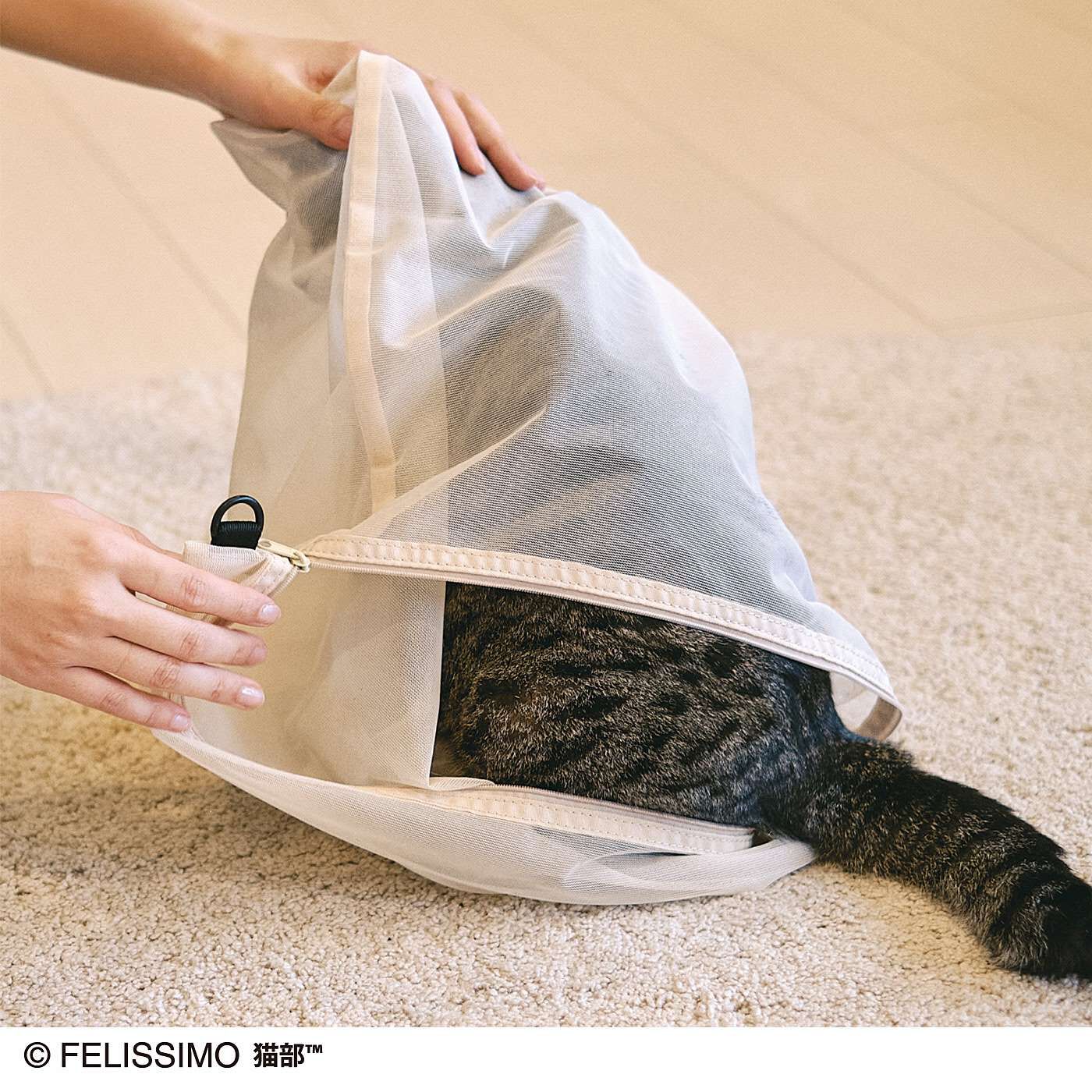猫部|猫を背負って連れて行けて大量買いもらくらく！　レジカゴリュック〈猫部バージョン〉|How to use 1．付属の大きなメッシュネットの内袋に猫さんを入れます。