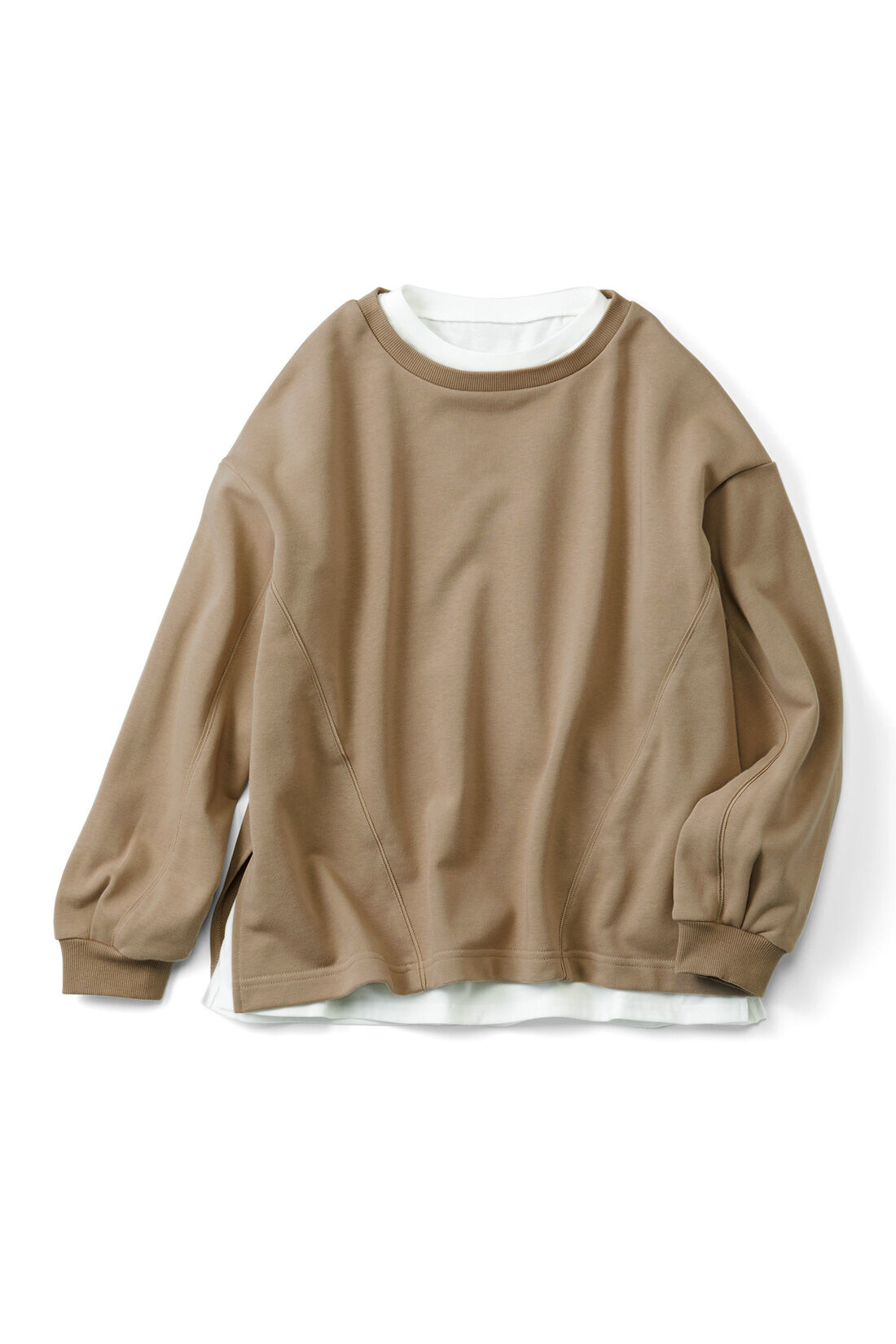 DRECO|【3～10日でお届け】IEDIT[イディット]　白をはさんで顔うつりGOOD！ グログラン遣いスウェットと白Tシャツのインナーチラ見せ重ね着セット〈ベージュ〉|〈ベージュ〉