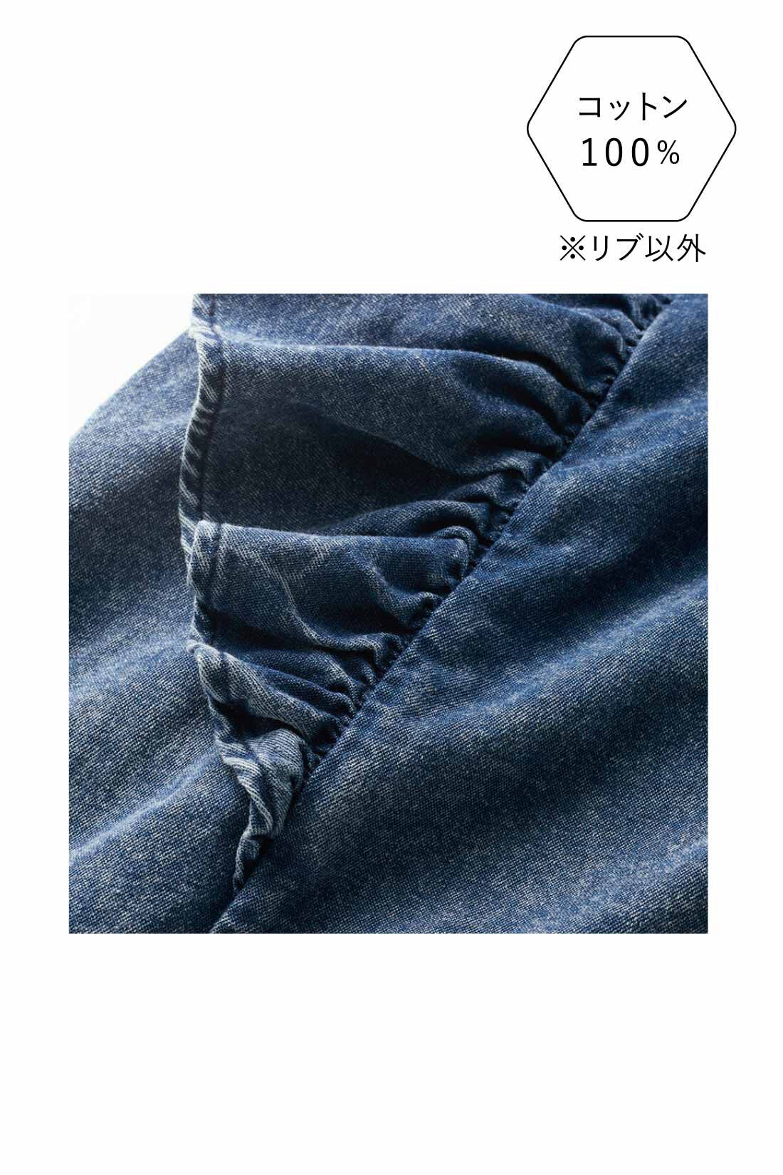 DRECO|【3～10日でお届け】IEDIT[イディット]　袖フリルのネックリブデニムプルオーバー〈ブルー〉|やわらかなデニム素材で着心地よく、フリルの愛らしさも表現。ベーシックなブルー。
