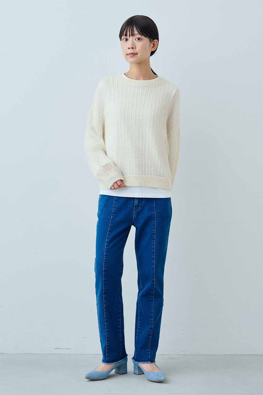 DRECO by IEDIT|【3～10日でお届け】IEDIT[イディット]　やさしく透ける ふわほわシアーニットトップス〈フェザーホワイト〉|モデル身長：163cm　着用サイズ：M