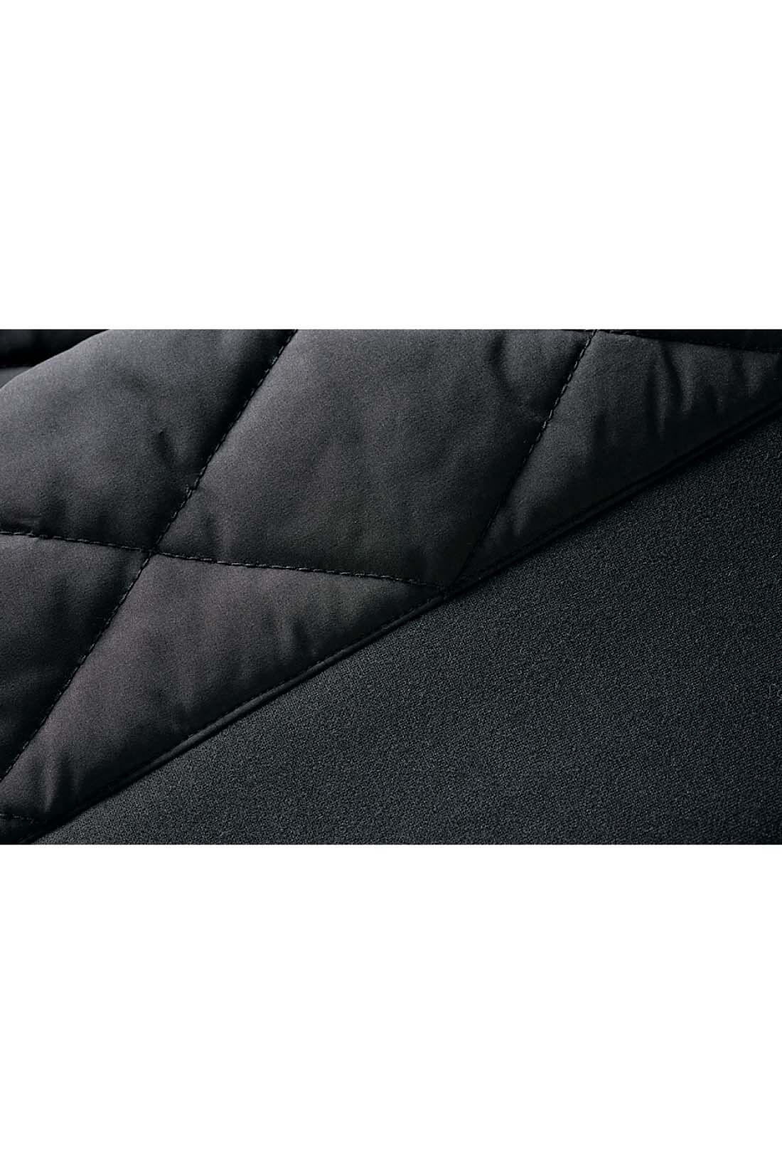 DRECO by IEDIT|IEDIT[イディット]　シルエット変化を楽しむ ダンボール素材×キルティングの切り替えデザインコート〈ブラック〉|軽く暖かな中わた入りのキルティング素材と、すっきりきれい見えするダンボール素材の異素材コンビが新鮮。