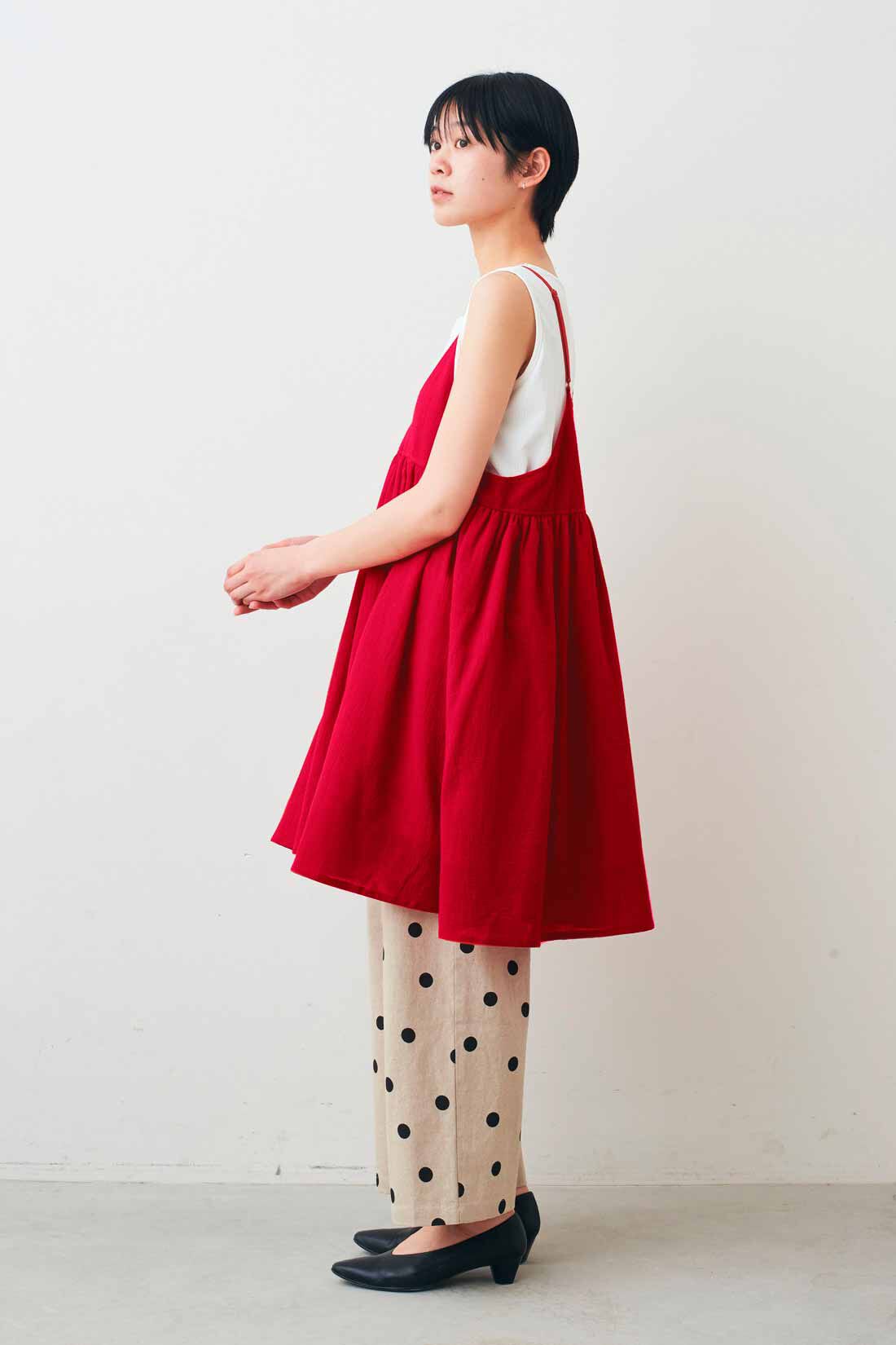 DRECO|【3～10日でお届け】IEDIT[イディット]　きくちあつこさんコラボ 楊柳（ようりゅう）コットンキャミチュニック〈レッド〉|モデル身長：163cm　着用サイズ：M