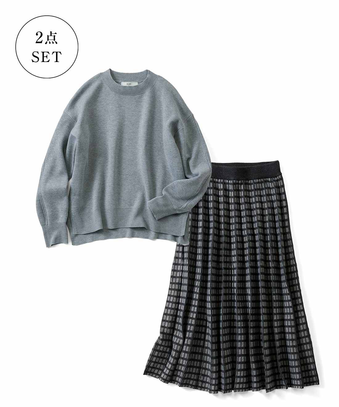 DRECO|【3～10日でお届け】IEDIT[イディット]　セットも着まわしもおまかせ ニットトップス＆ジャカードスカートのベストバランスセット〈グレー〉|グレー