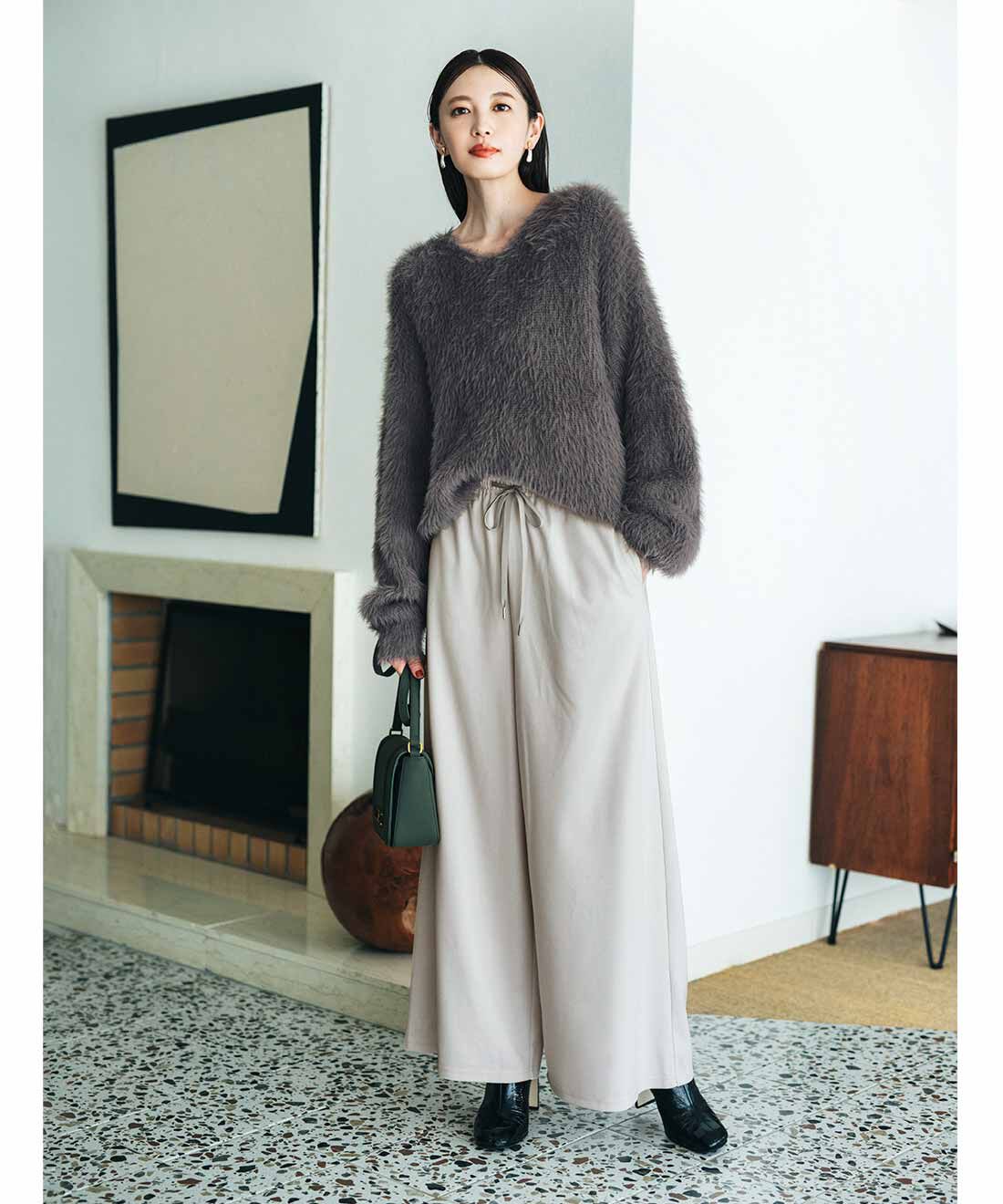 DRECO|【3～10日でお届け】IEDIT[イディット]　美ノビジャージーコーデュロイ風素材のギャザースカンツ（WEBサイズ）〈ライトグレー〉