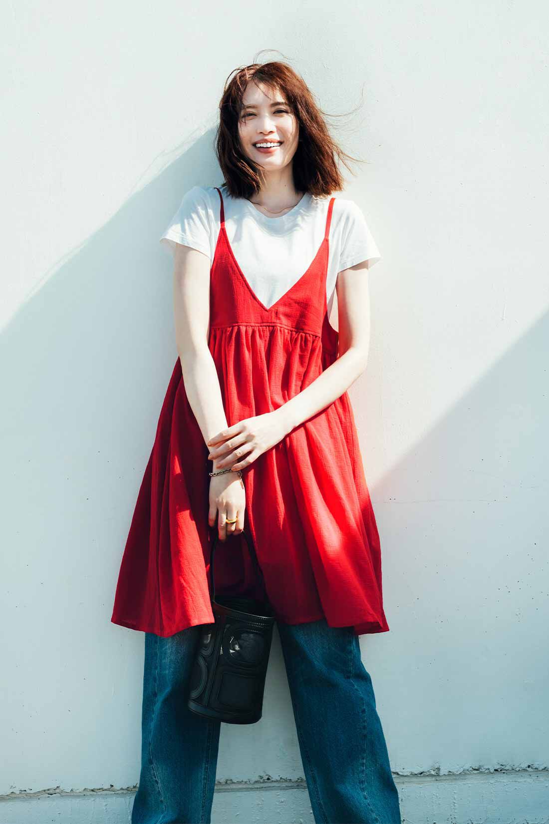 DRECO|【3～10日でお届け】IEDIT[イディット]　きくちあつこさんコラボ 楊柳（ようりゅう）コットンキャミチュニック〈レッド〉