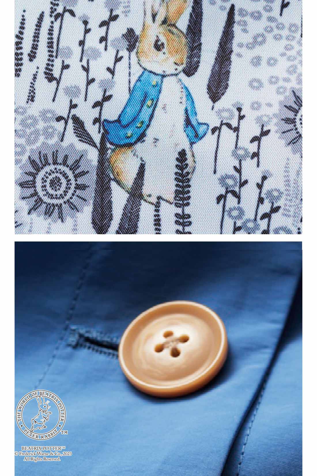 DRECO by IEDIT|【3～10日でお届け】ピーターラビットＴＭ×IEDIT[イディット]　裏地に心おどる　軽やかステンカラーコート〈ブルー〉|つるんと滑らかな裏地と、ロングシーズン軽やかに着られるマットな綿混ツイル素材。