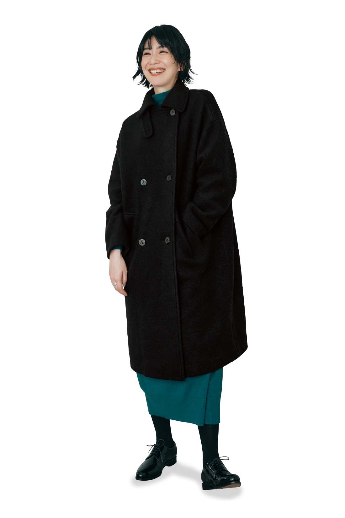 DRECO by IEDIT|IEDIT[イディット]　スライバーニット素材で軽くて暖か ゆるっと着こなす新鮮ロング丈Pコート〈ブラック〉