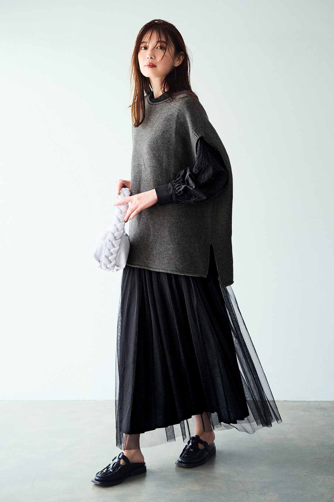 DRECO by IEDIT|【3～10日でお届け】IEDIT[イディット]　プリーツデザインのチュールレイヤードスカート〈ブラック〉