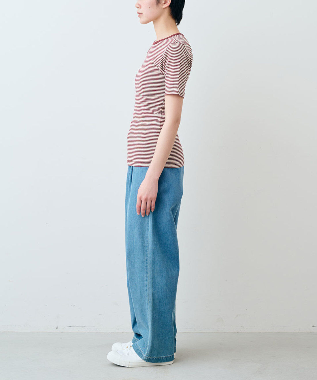 シロップ．特急便|【WEB限定・3～10日でお届け】miller リブボーダーＴシャツ〈レッド×ベージュ〉【シロップ．バスケット】|モデル身長:163cm