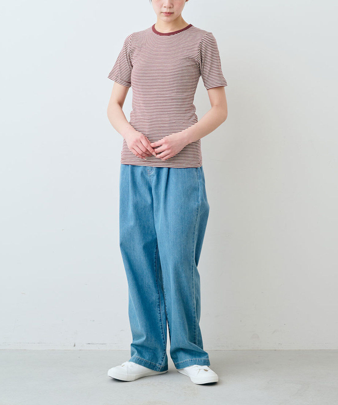 シロップ．特急便|【WEB限定・3～10日でお届け】miller リブボーダーＴシャツ〈レッド×ベージュ〉【シロップ．バスケット】|モデル身長:163cm