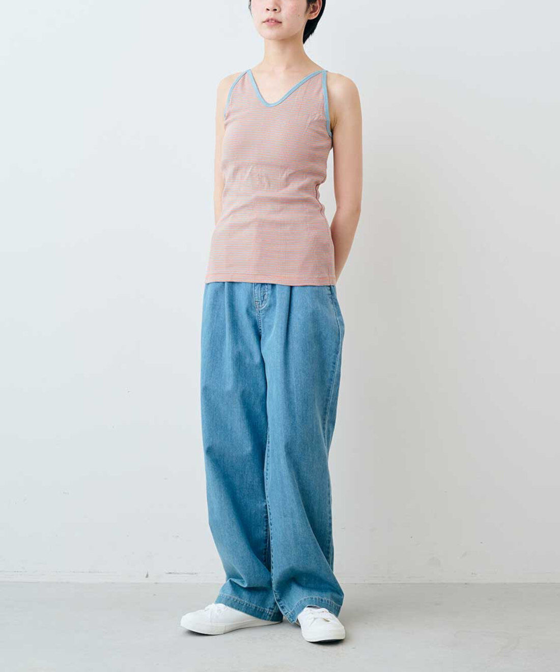 シロップ．特急便|【WEB限定・3～10日でお届け】miller リブボーダーカップ付き キャミタンク〈ネイビー×ホワイト〉【シロップ．バスケット】|モデル身長:163cm ※お届けのカラーとは異なります。
