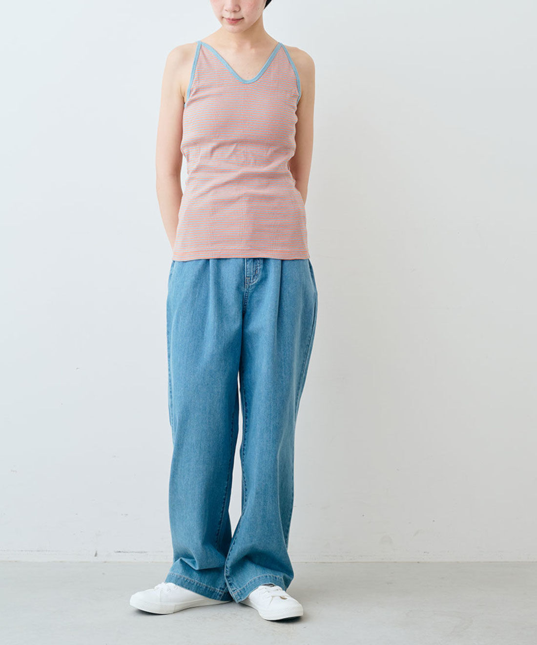 シロップ．特急便|【WEB限定・3～10日でお届け】miller リブボーダーカップ付きキャミタンク〈サーモンピンク×サックス〉【シロップ．バスケット】|モデル身長:163cm