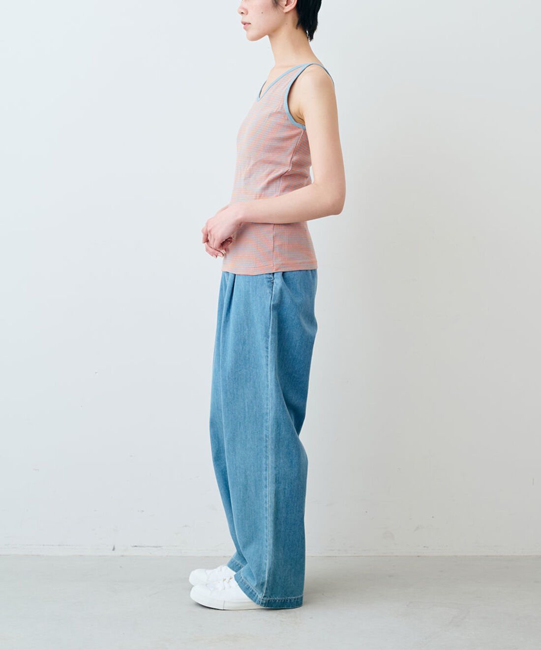 シロップ．特急便|【WEB限定・3～10日でお届け】miller リブボーダーカップ付きキャミタンク〈サーモンピンク×サックス〉【シロップ．バスケット】|モデル身長:163cm