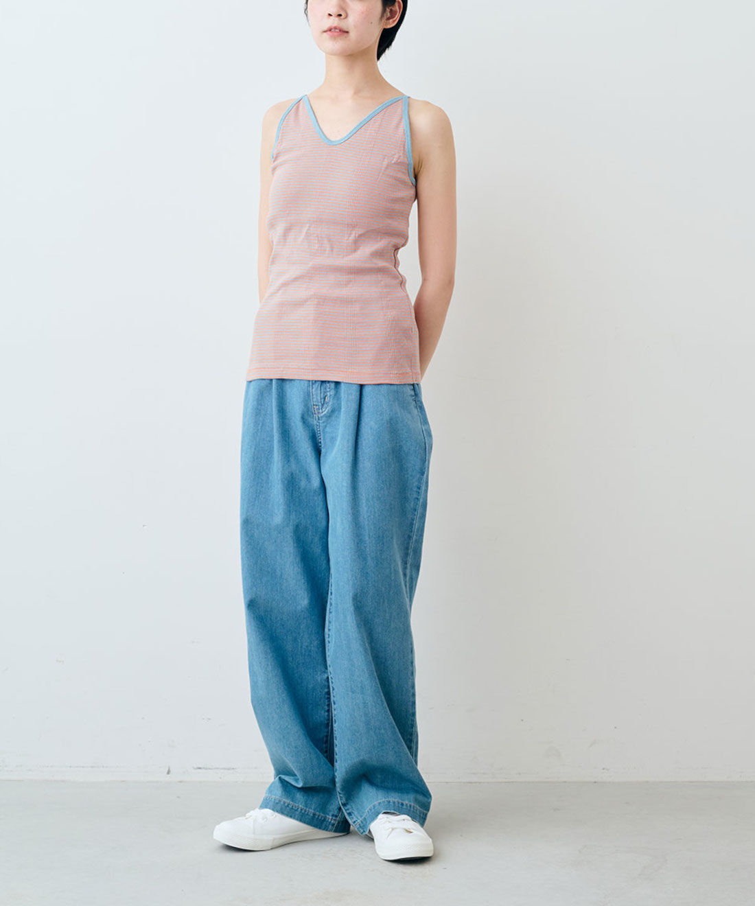 シロップ．特急便|【WEB限定・3～10日でお届け】miller リブボーダーカップ付きキャミタンク〈サーモンピンク×サックス〉【シロップ．バスケット】