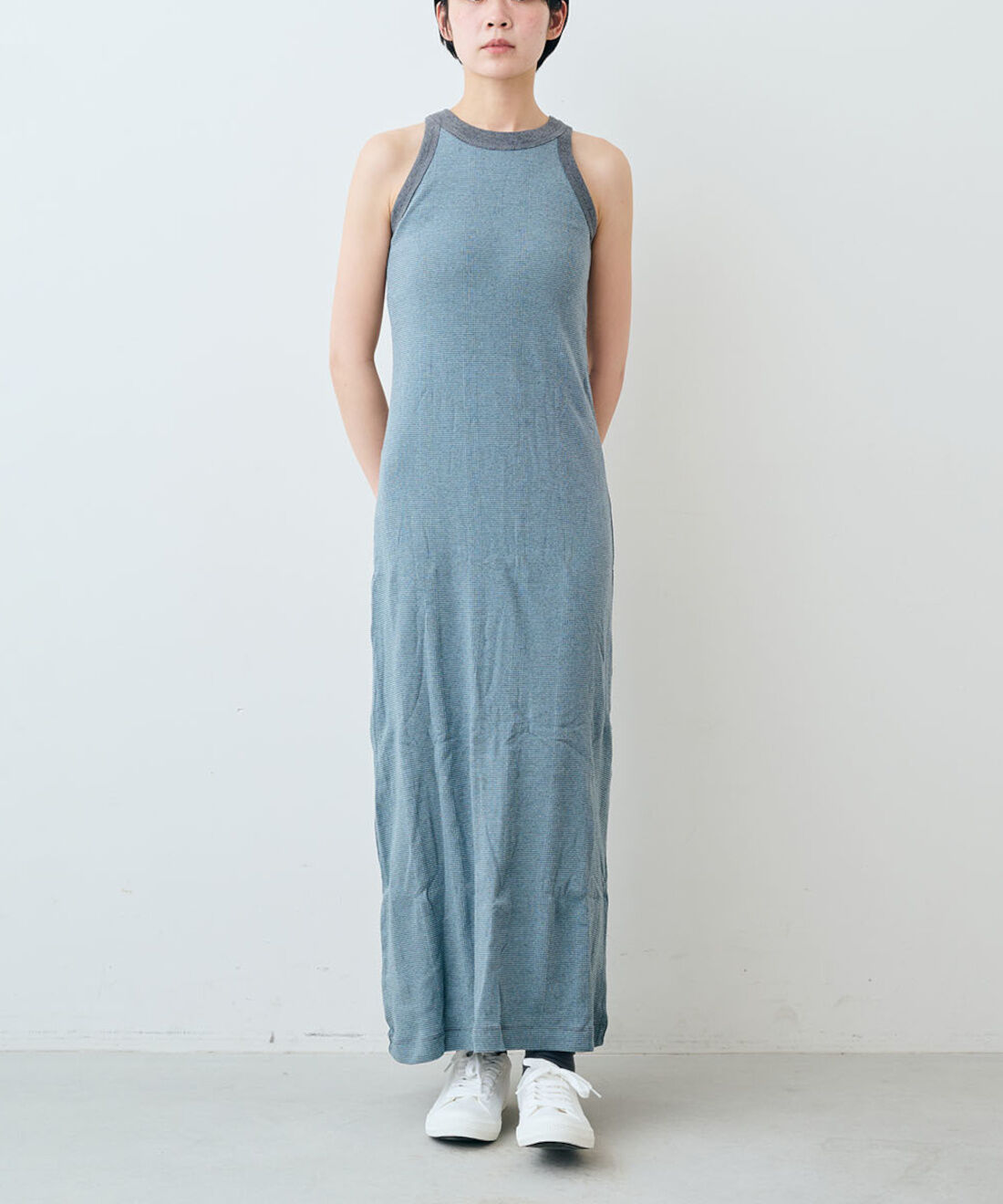 シロップ．特急便|【WEB限定・3～10日でお届け】miller リブボーダーカップ付きワンピース〈ブルー×グレー〉【シロップ．バスケット】|モデル身長:163cm
