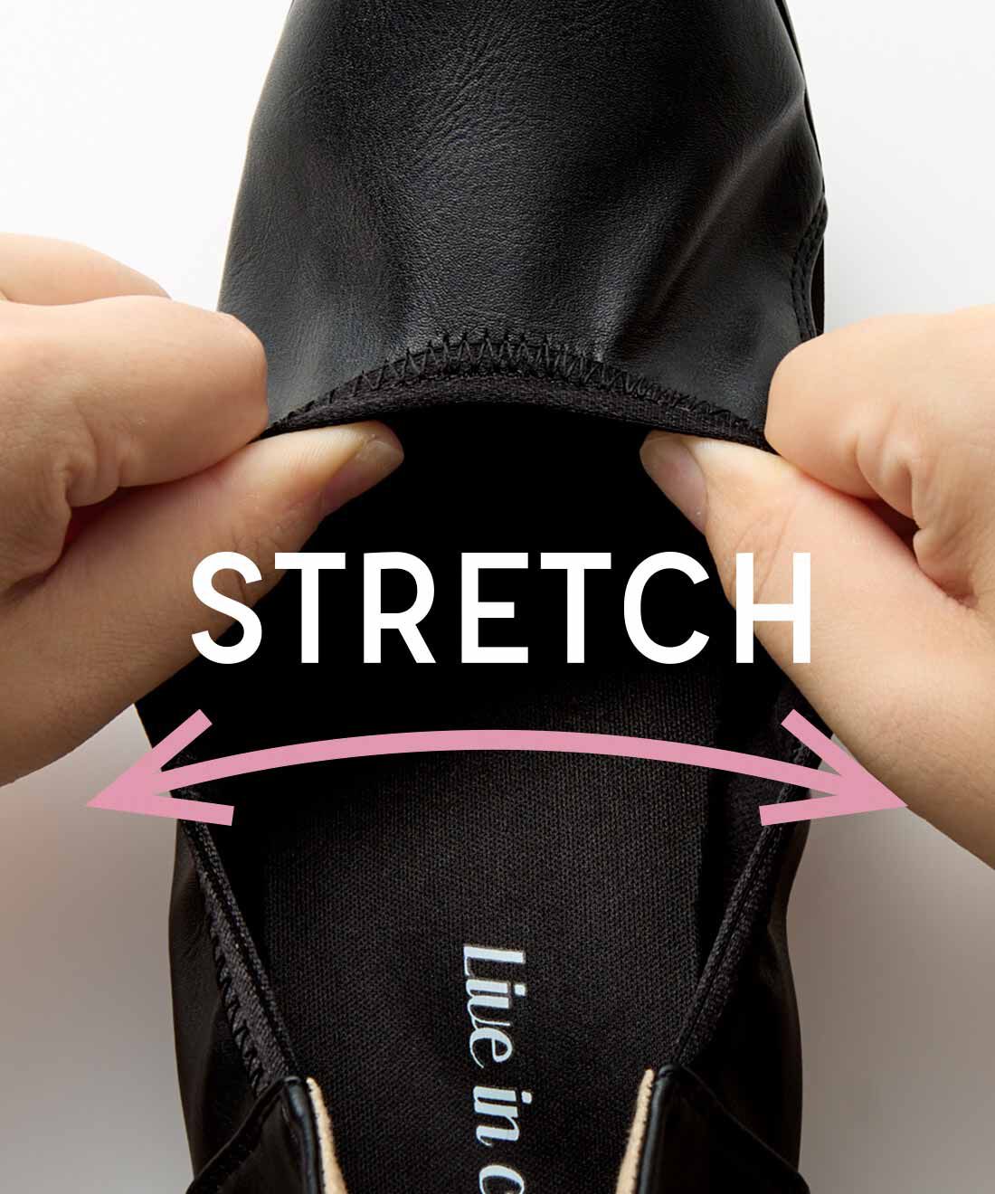 fashion special|リブ イン コンフォート オケージョン遣いにぴったり！ 1足持っておきたい ストレッチ合皮素材のコンフォータブルパンプス〈ブラック〉|履き口はやわらかなゴム仕様。かかとにほどこした滑り止めで、不快なカパカパも防止。