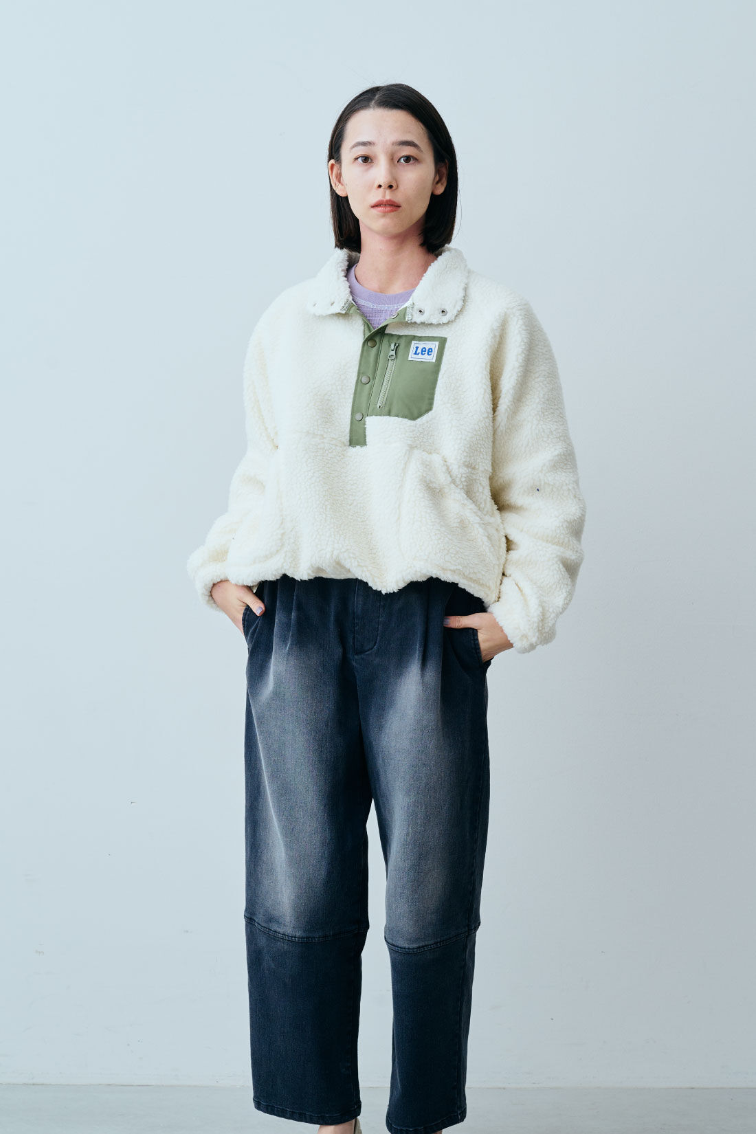 fashion special|【WEB限定・特急便】　LEE HALF-ZIP BOA JACKET|1：アイボリー　モデル身長：168cm