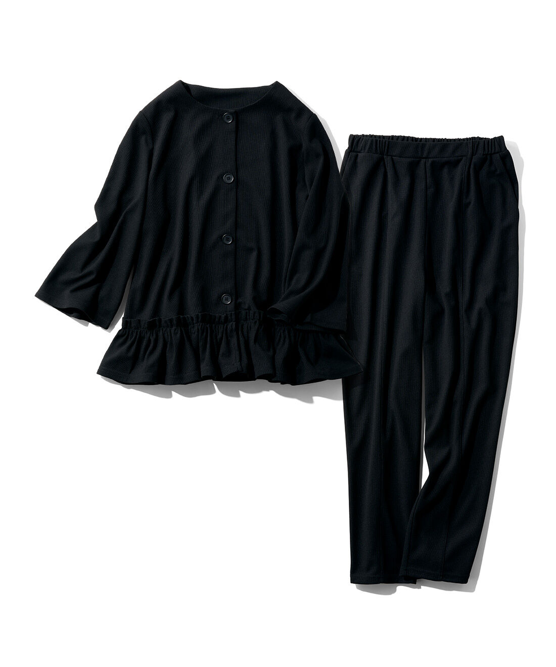 fashion special|リブ イン コンフォート やわらかくてのびのび ミラノリブ風素材で仕立てた洗えるフリルジャケットコーデセット〈ブラック〉