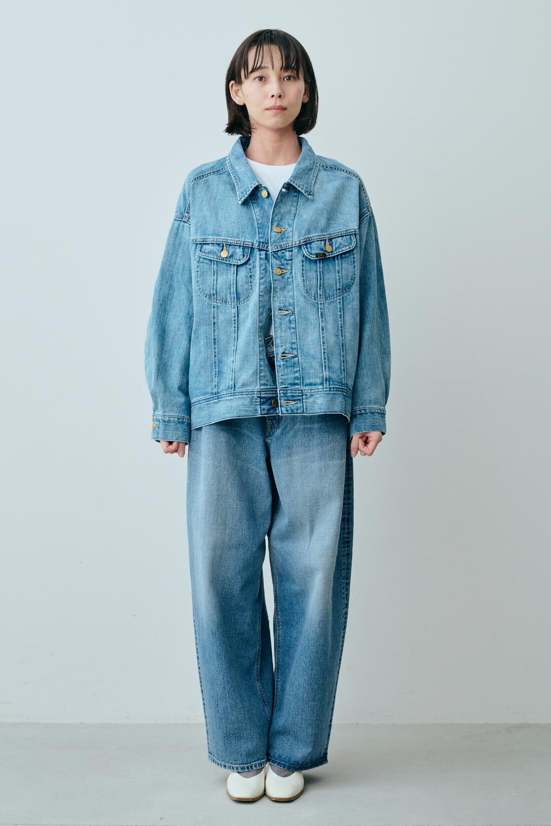 fashion special|【WEB限定・特急便】　Lee スーパーサイズライダースジャケット|1：ブルー　モデル身長：168cm