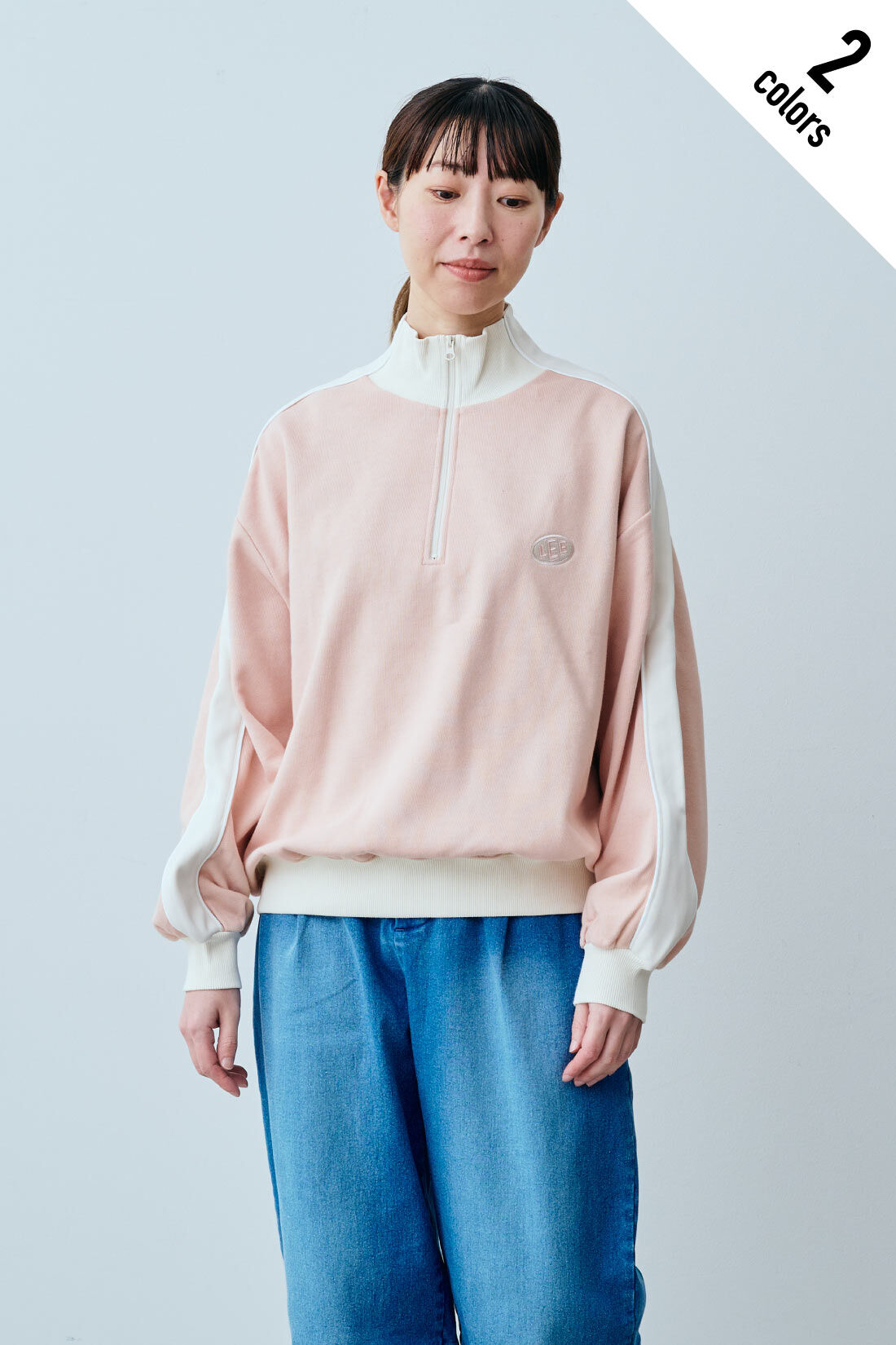 fashion special|【WEB限定・特急便】　LEE BI-COLOR HALF-ZIP SWEAT|1：ピンク　モデル身長：160cm