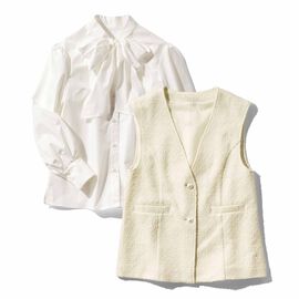 fashion special | 華やかなツイード ジレとボウタイ ブラウス セット〈アイボリー〉