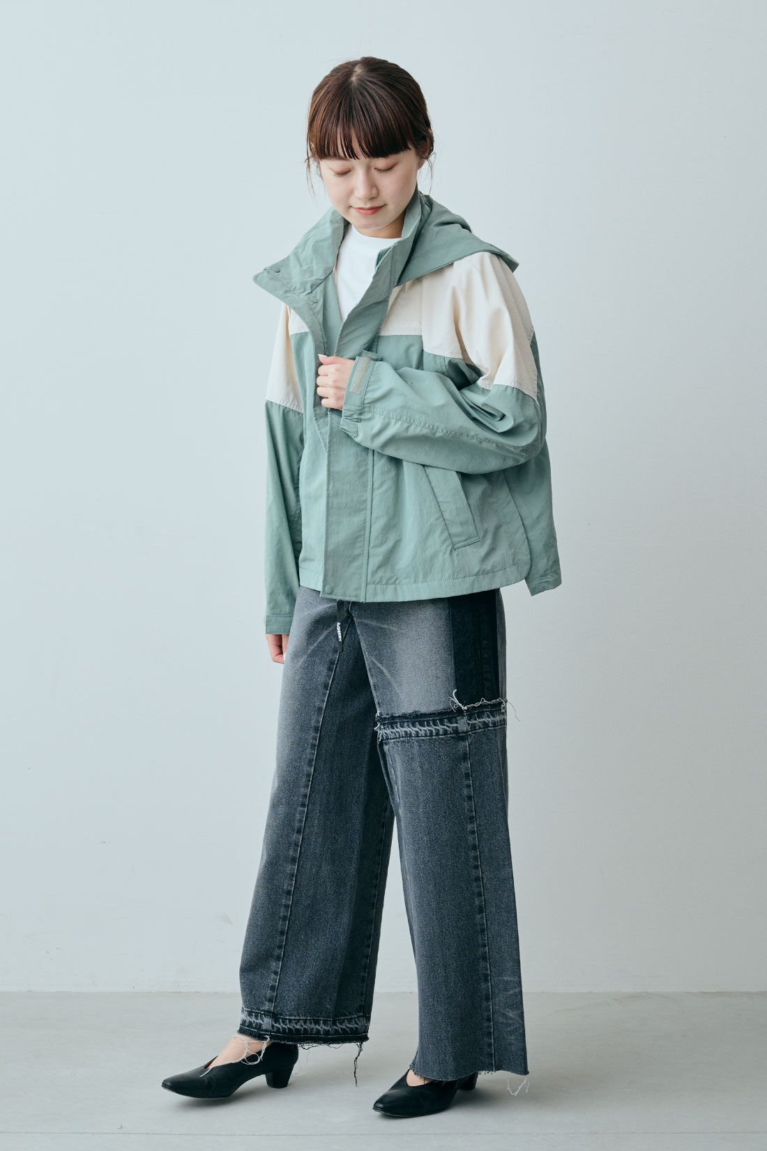 fashion special|【WEB限定・特急便】　GERRY ブロックショートマウンテンパーカー|2：khaki×beige　モデル身長：163cm