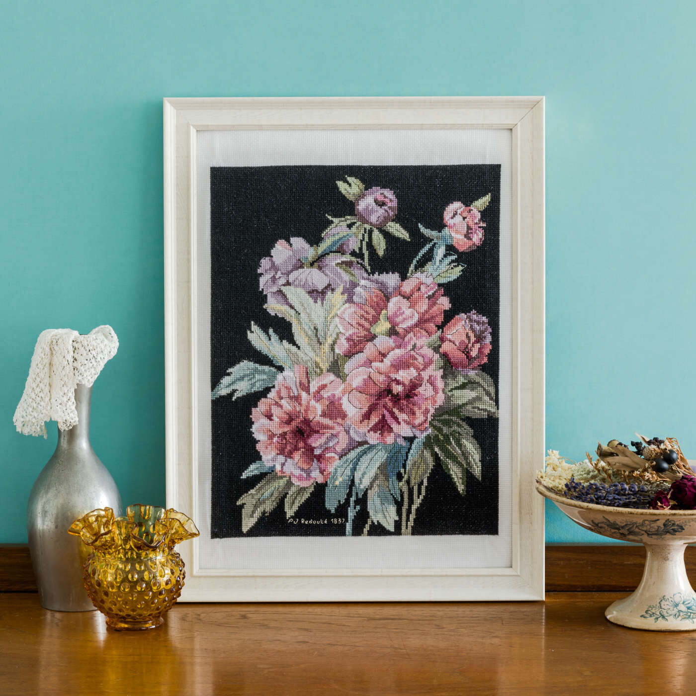 クロスステッチ　花瓶の牡丹【完成品】 クロスステッチ 花瓶の牡丹【完成品】