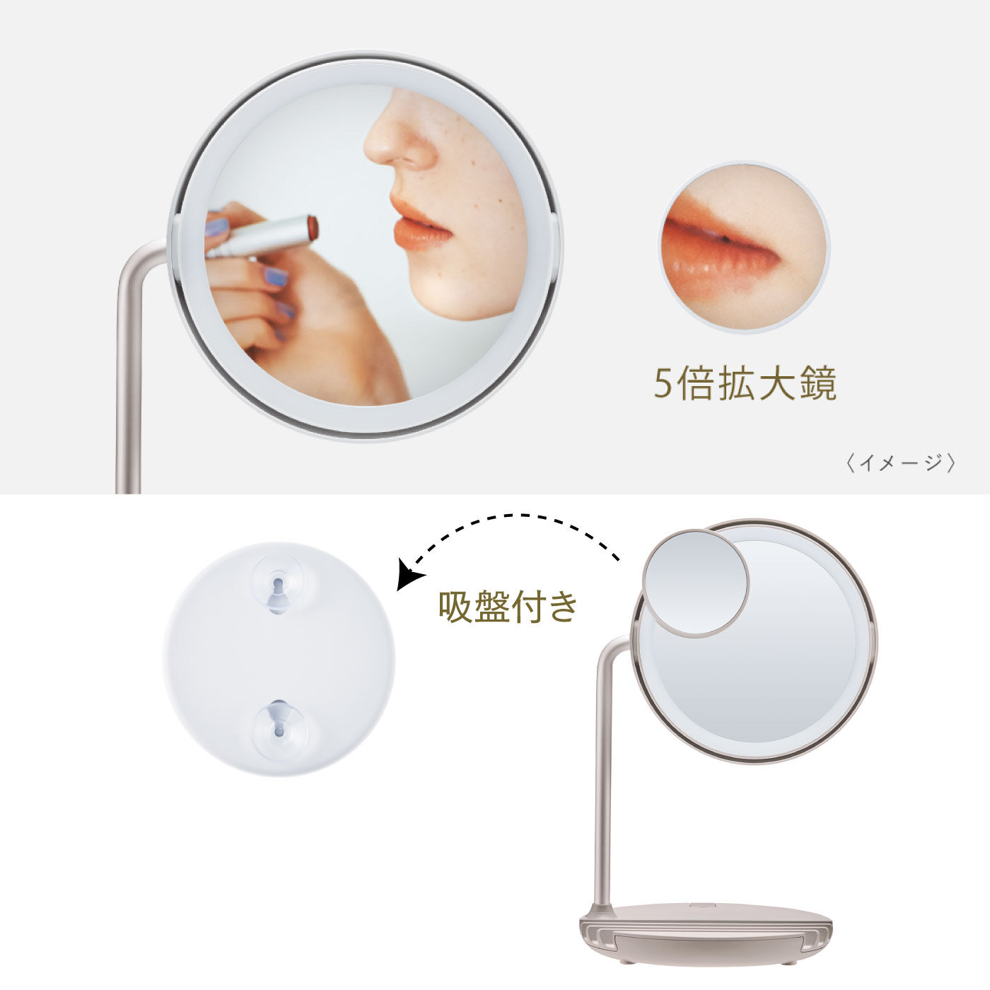 FELISSIMO PARTNERS|ＦＥＳＴＩＮＯ光と風で差がつく　充電式ＬＥＤファンミラー|細部のメイクに便利な5倍拡大鏡付き。