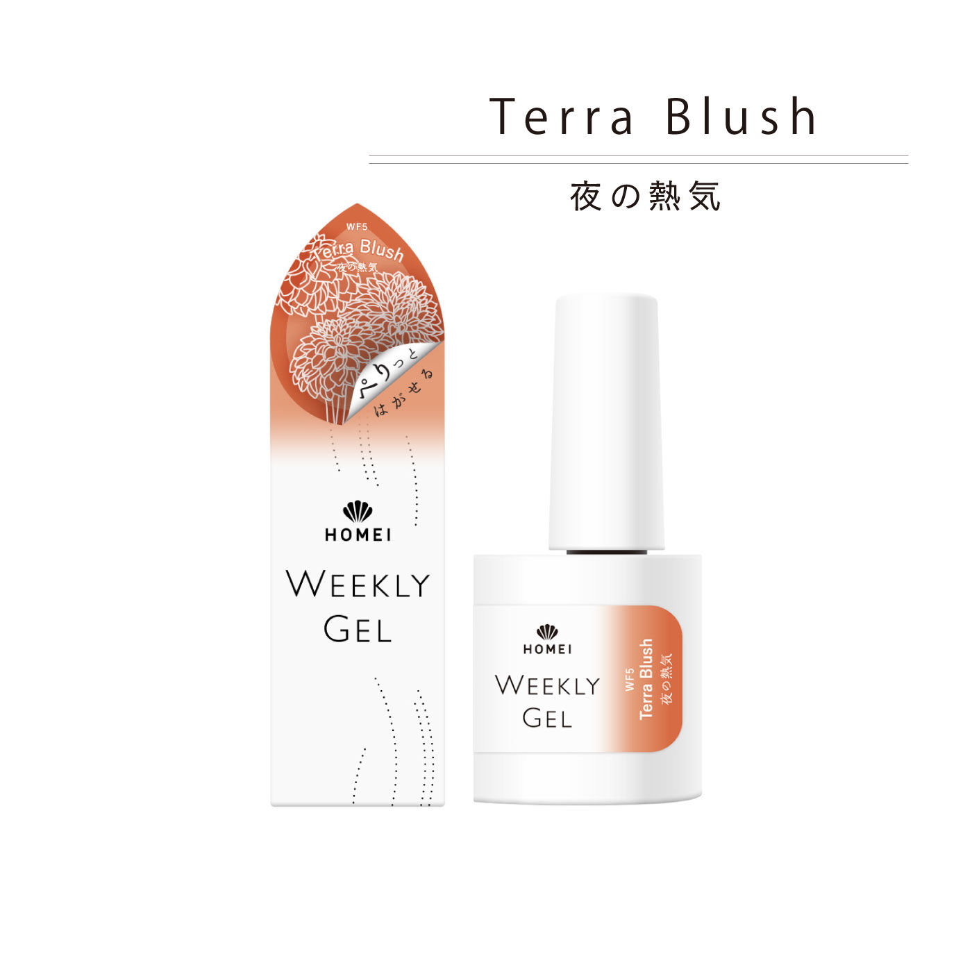 FELISSIMO PARTNERS|ＨＯＭＥＩ　ぺりっとはがせるウィークリージェル 「包まれピンク」Ｔｅｎｄｅｒ　Ｂｌｏｓｓｏｍ〈テンダーブロッサム〉|「Terra Blush/夜の熱気」。大地の温かみと夜の情熱を感じさせるオレンジブラウンです。情熱的な魅力が、指先を彩ります。