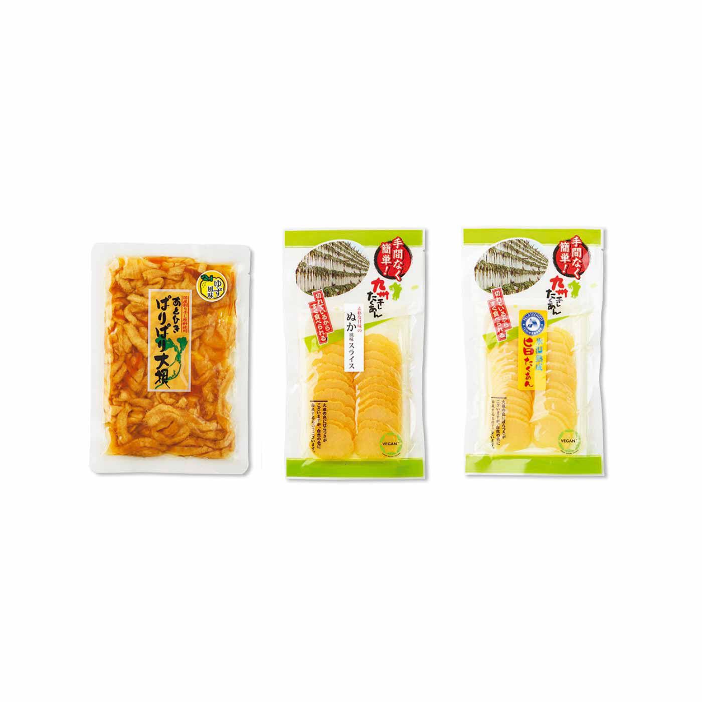 FELISSIMO PARTNERS|純農 シンプルな味付けが魅力 常温保存OK ストックにも便利な国産野菜のお漬物三昧の会（6回予約）|あとひきぱりぱり大根 柚子風味、ぬか風味スライスたくあん、氷温熟成スライス旨たくあん