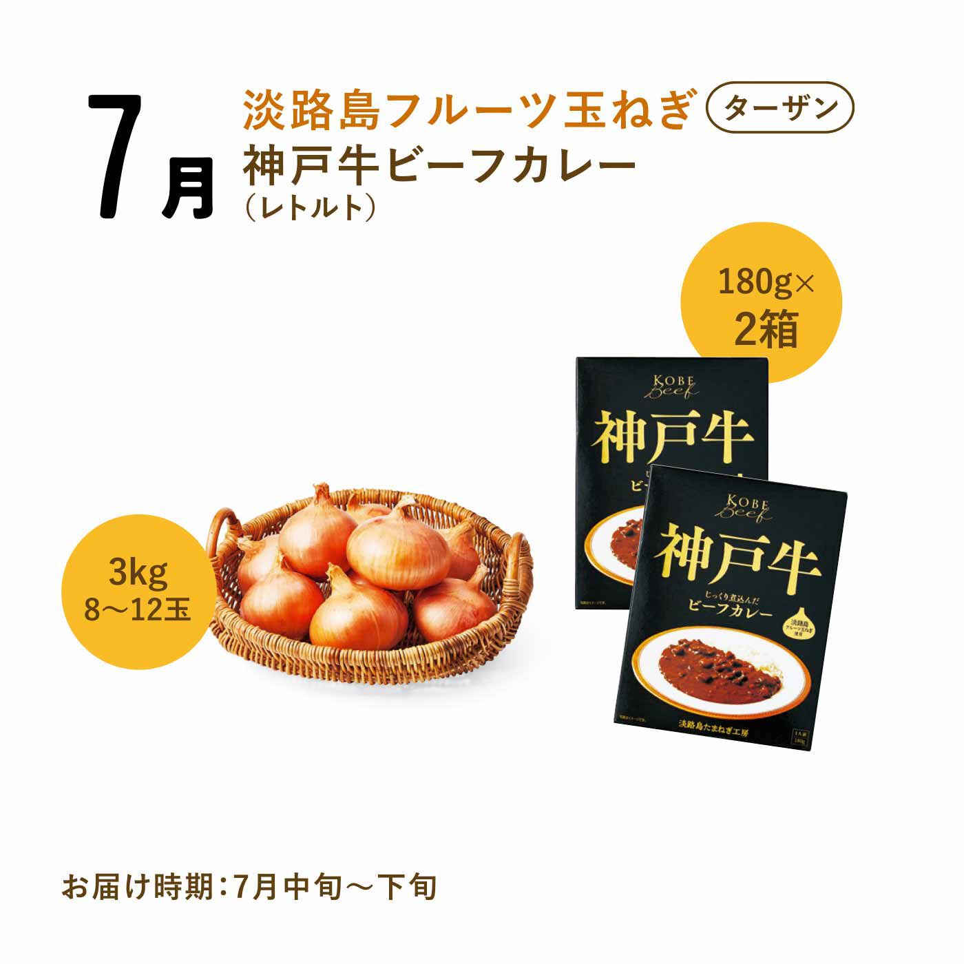 FP産地直送マルシェ|【予約限定・締切6月8日】365日玉ねぎ生活！ 甘くてジューシーな淡路島フルーツ玉ねぎ（R）を存分に楽しむセット（12ヵ月コース）|熟成が進んで、糖度と辛味が増し、茶色になった玉ねぎは、加熱調理がおすすめ。神戸ビーフとフルーツ玉ねぎで煮込んだビーフカレーをセットに。