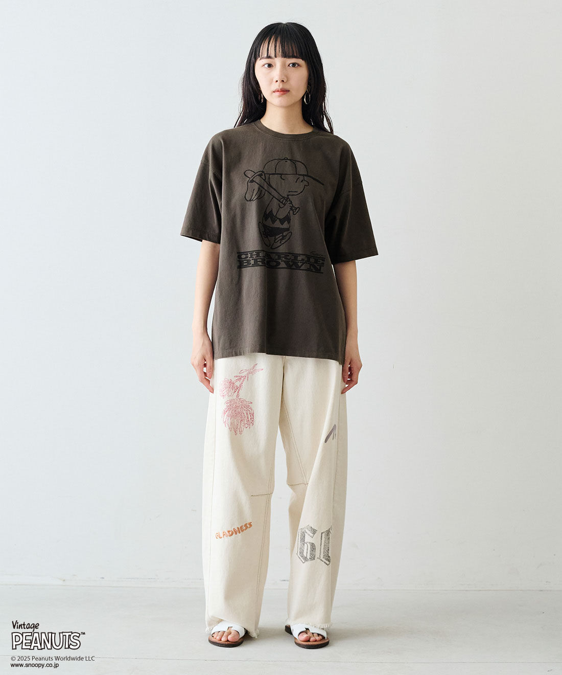 MEDE19F|MEDE19F PEANUTS 古着のようなプリントTシャツ|モデル身長：163cm　着用サイズ：M