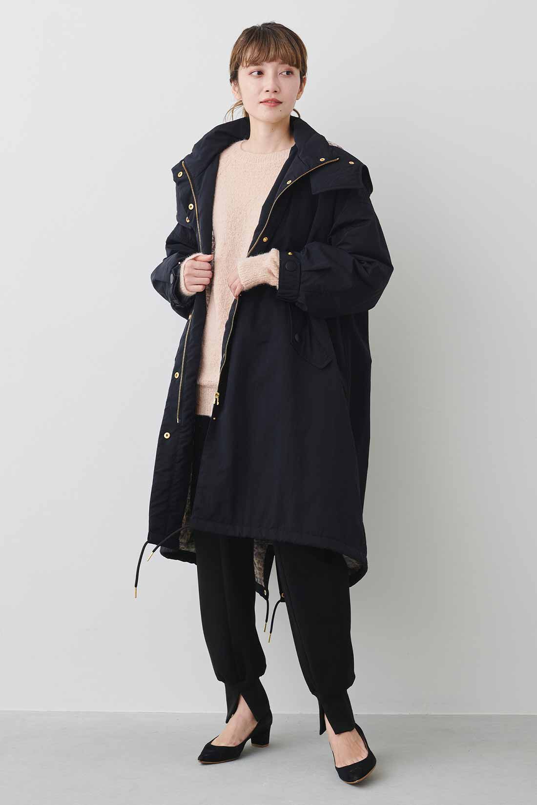 MEDE19F|MEDE19F　スカーフ柄を裏地にした リラックスモッズコート〈ブラック〉|モデル身長：163cm　着用サイズ：2