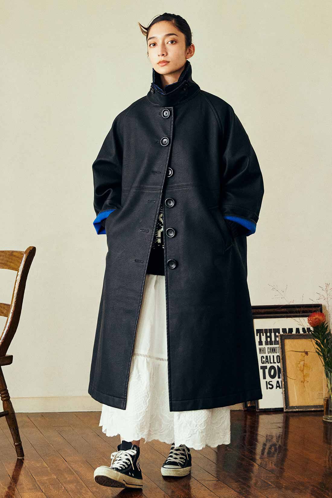 超熱 MEDE19F フェイクレザーのバルマカーンコート〈ブラック ジャケット・アウター