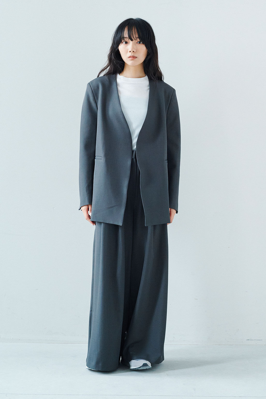MEDE19F [メデ・ジュウキュウ]|韓国セレクト LEFANCY ノーカラージャケット〈グレー〉|モデル身長：163cm