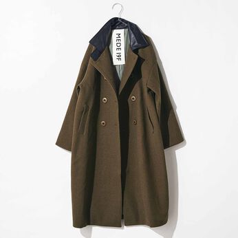 MEDE19F | 合皮を合わせたメルトン調ミリタリーコート〈カーキ〉