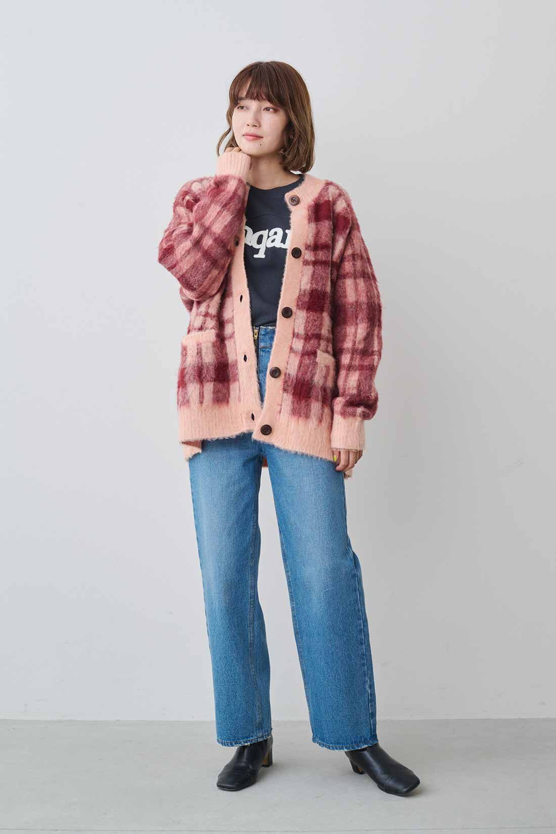 MEDE19F モヘア調の起毛チェックカーディガン〈イエロー