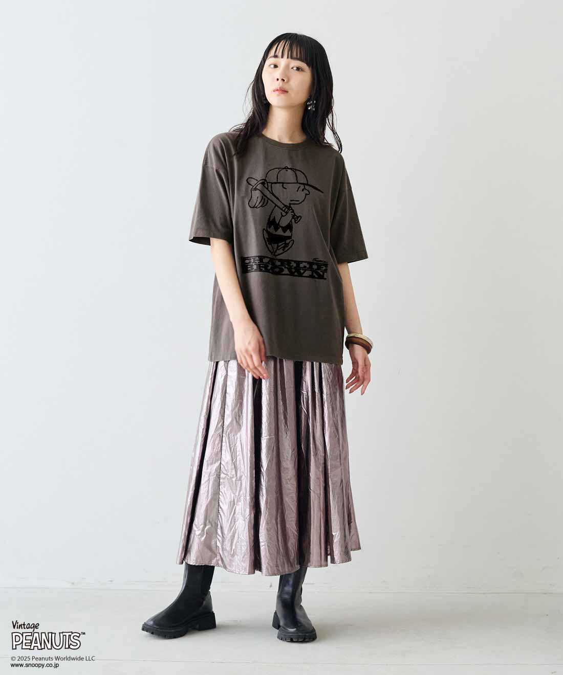 MEDE19F|MEDE19F PEANUTS 古着のようなプリントTシャツ|モデル身長：163cm　着用サイズ：M
