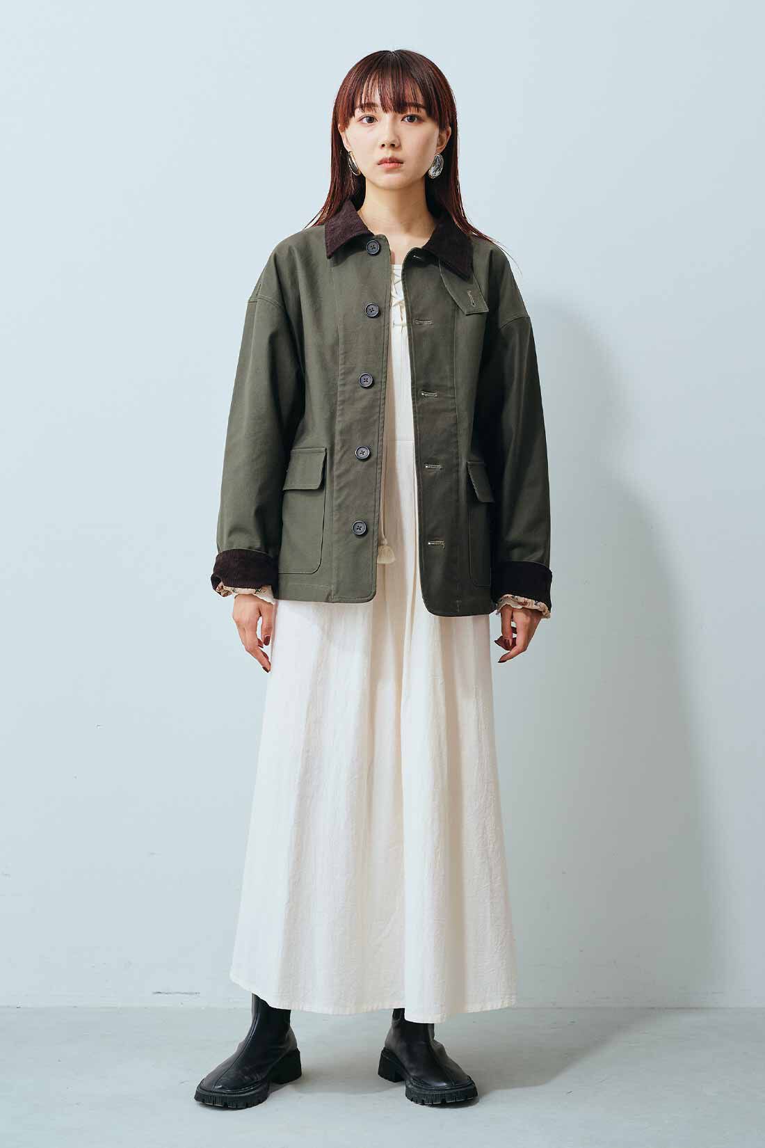 MEDE19F [メデ・ジュウキュウ]|MEDE19F ミュルーズモダン〈「ミュルーズ染織美術館」アーカイブコレクション〉 ハンティングジャケット〈カーキ〉|モデル身長：163cm　着用サイズ：M