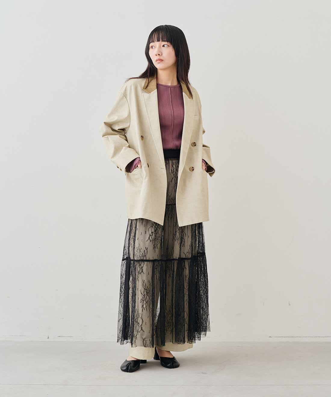 MEDE19F|ヴィンテージライク チノ素材 ワークスラックス〈ベージュ〉とコットンランダム リブトップスの会とコットンランダム リブトップスの会のコーディネート