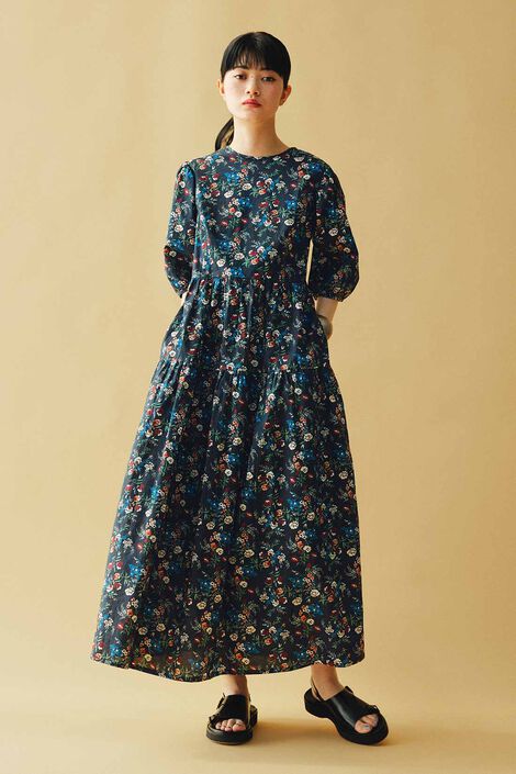 MEDE19F | ミュルーズモダン プリント パフスリーブワンピ〈ブラック〉