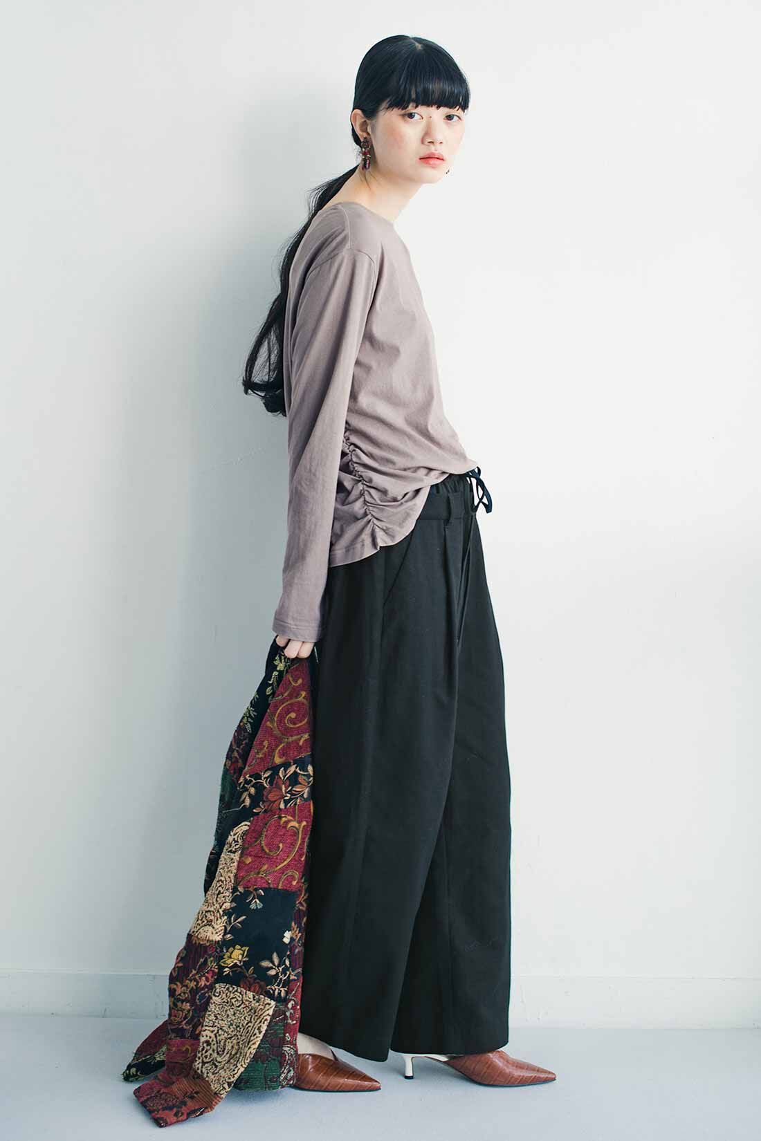 MEDE19F [メデ・ジュウキュウ]|MEDE19F　綿麻へリンボーン素材のダブルウエストパンツ〈ブラック〉