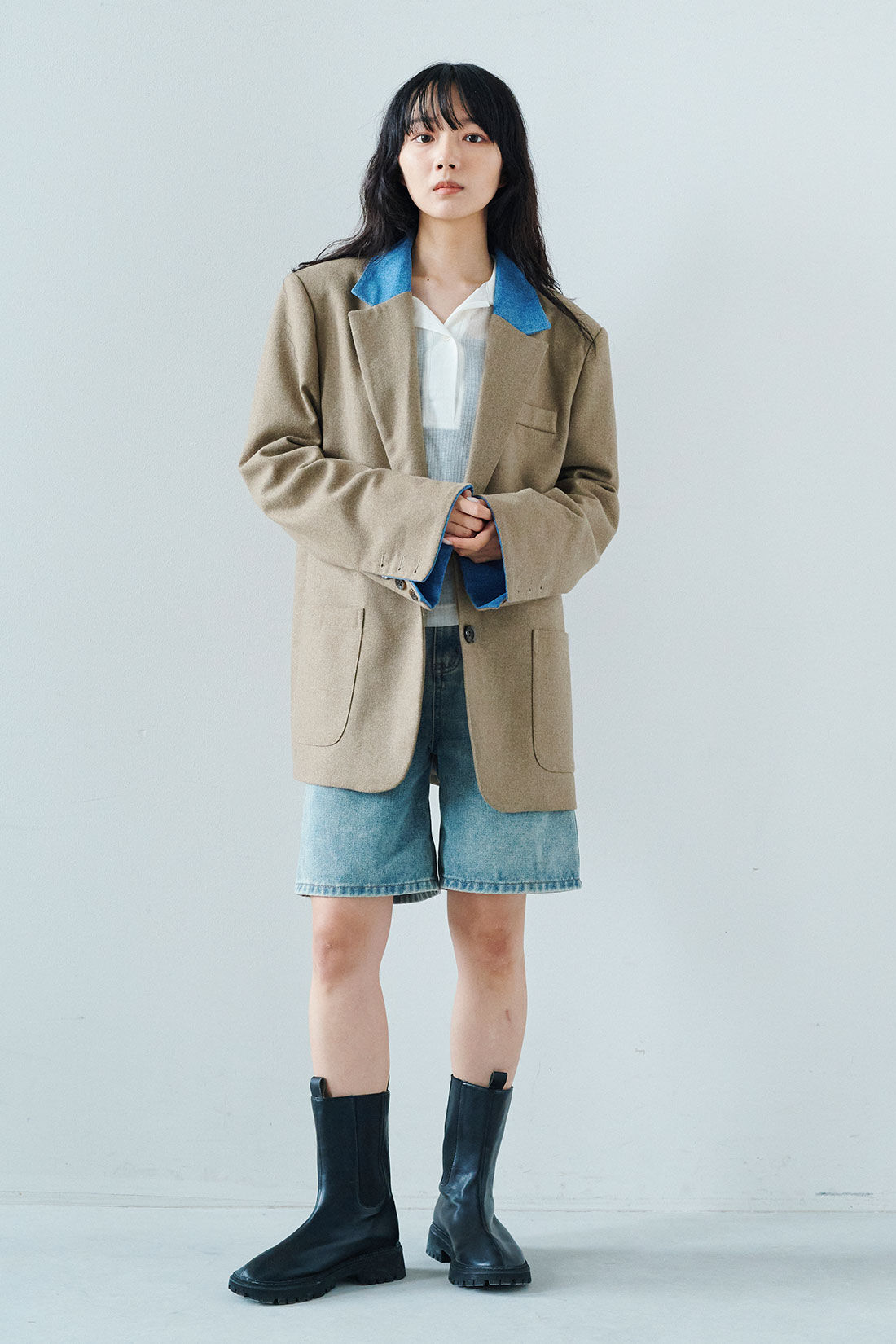 MEDE19F [メデ・ジュウキュウ]|韓国セレクト NYLON33 デニム切り替えオーバーサイズジャケット|モデル身長：163cm