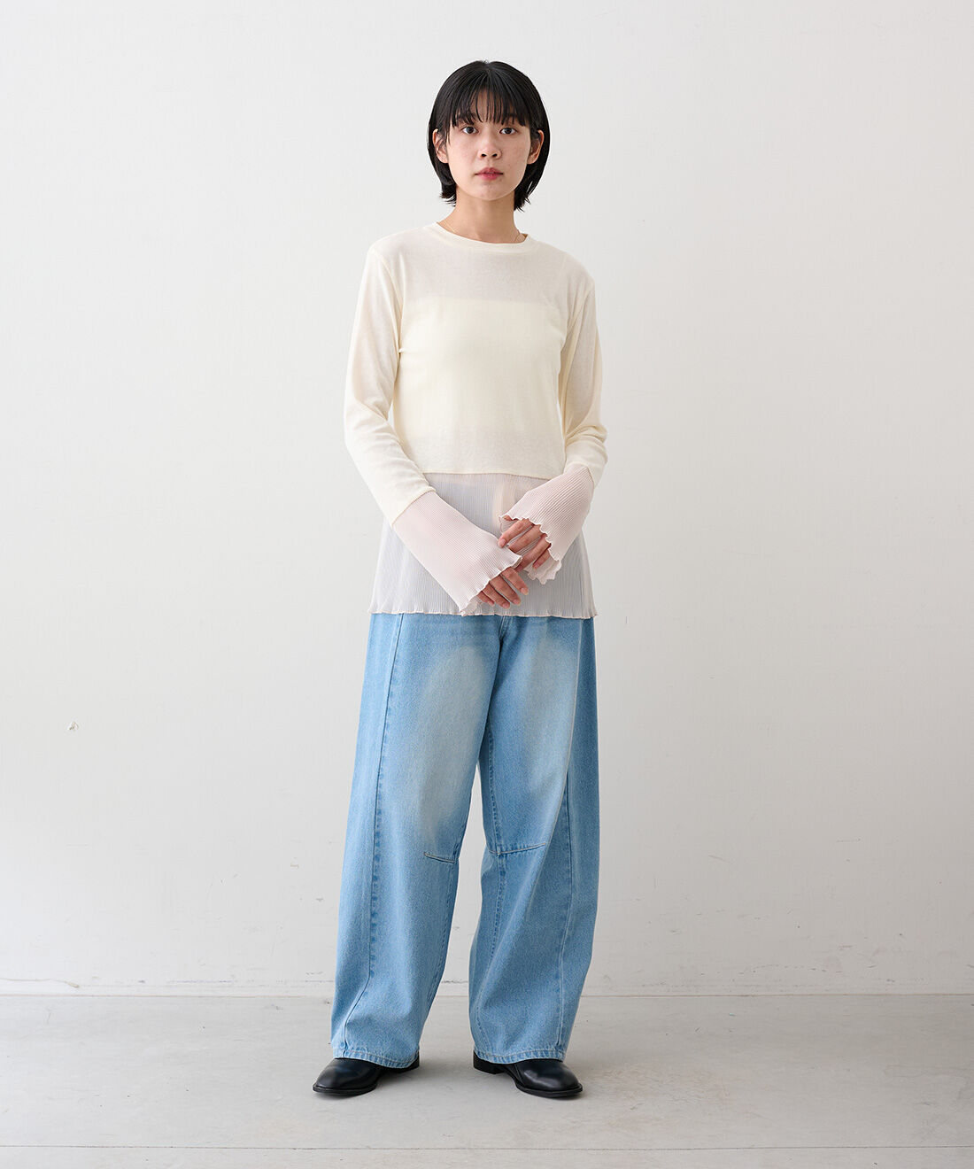 MEDE19F [メデ・ジュウキュウ]|MEDE19F　プリーツドッキングトップスの会|モデル身長：163cm　着用サイズ：M