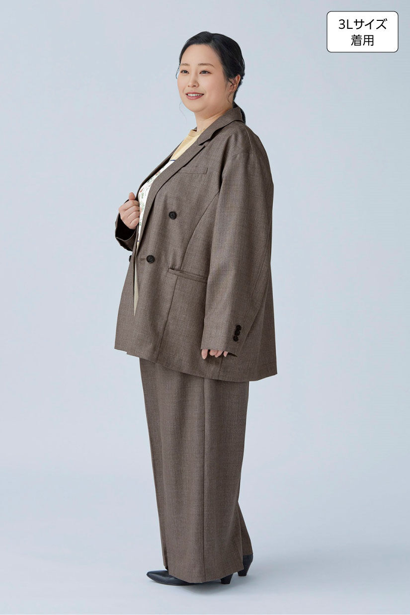 MEDE19F|MEDE19F　シャークスキンのリラックスワイドスラックス〈グレーベージュ〉|身長：160cm バスト：113cm ウエスト：90cm ヒップ：115cm 太ももまわり：63cm