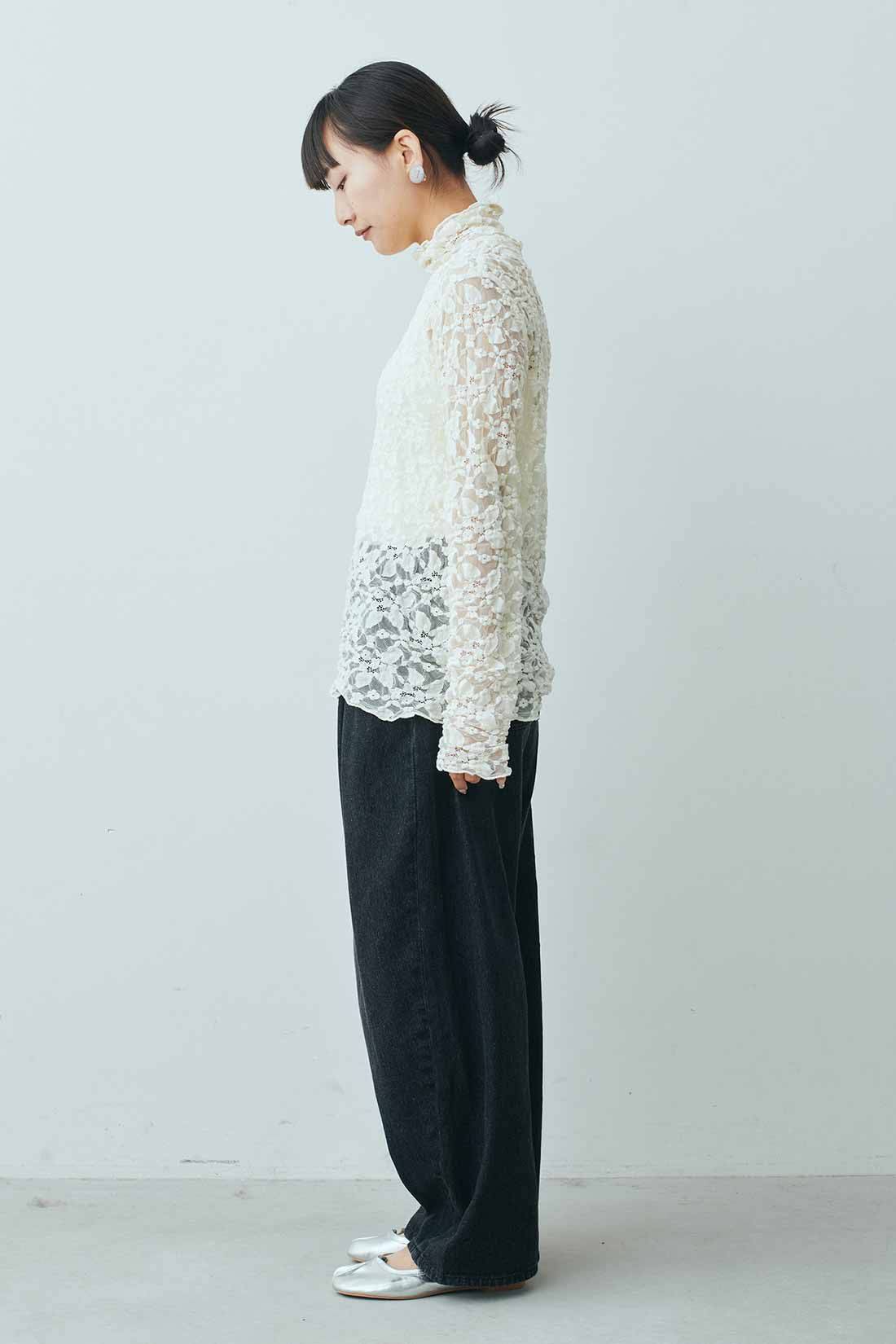MEDE19F|MEDE19F　レースハイネックトップス|モデル身長：158cm　着用サイズ：M
