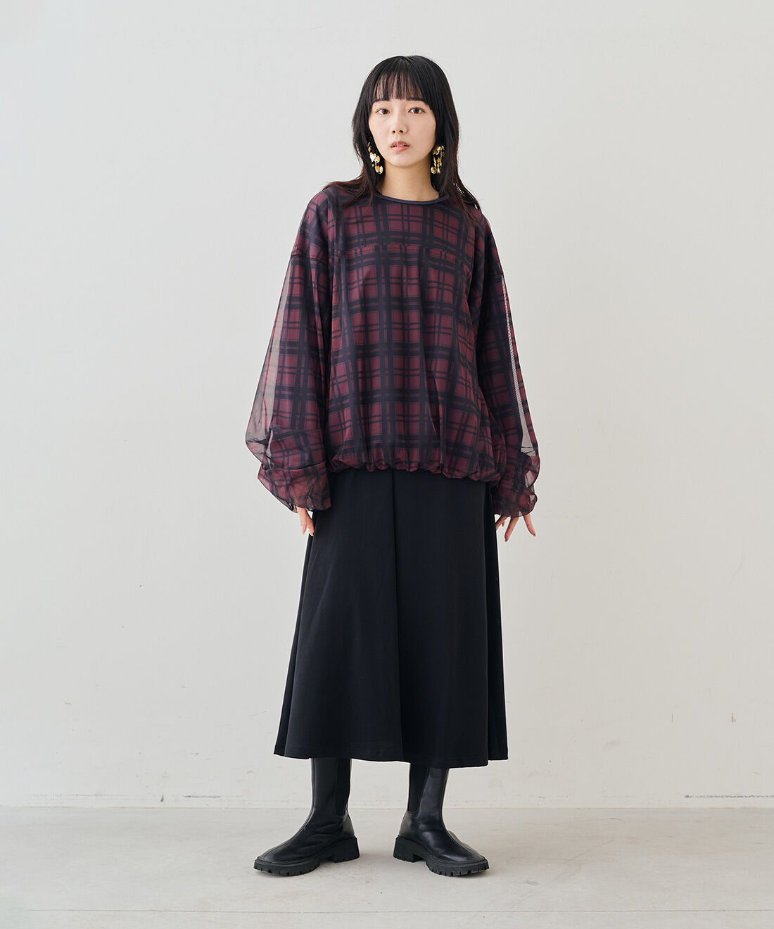 MEDE19F [メデ・ジュウキュウ]|チェックチュール オーバートップス〈ネイビー〉のコーディネート