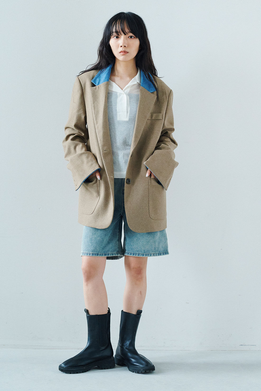 MEDE19F [メデ・ジュウキュウ]|韓国セレクト NYLON33 デニム切り替えオーバーサイズジャケット|モデル身長：163cm